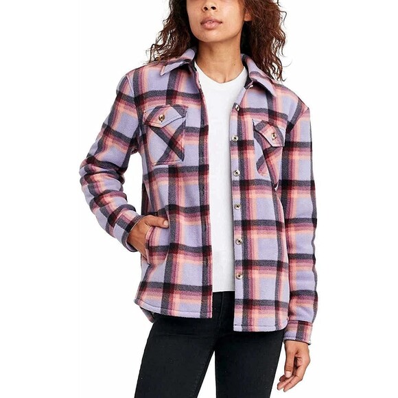 Sage Collective Womens S Purple Plaid Fleece Sherpa Plush Shacket Pocket Jacket - Picture 1 of 12